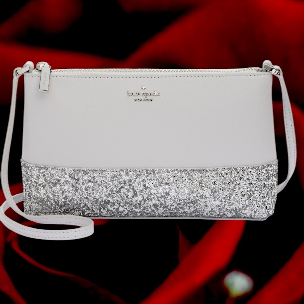 Kate Spade crossbody bag Metallic silver glitter trim purse zip closure $279 new